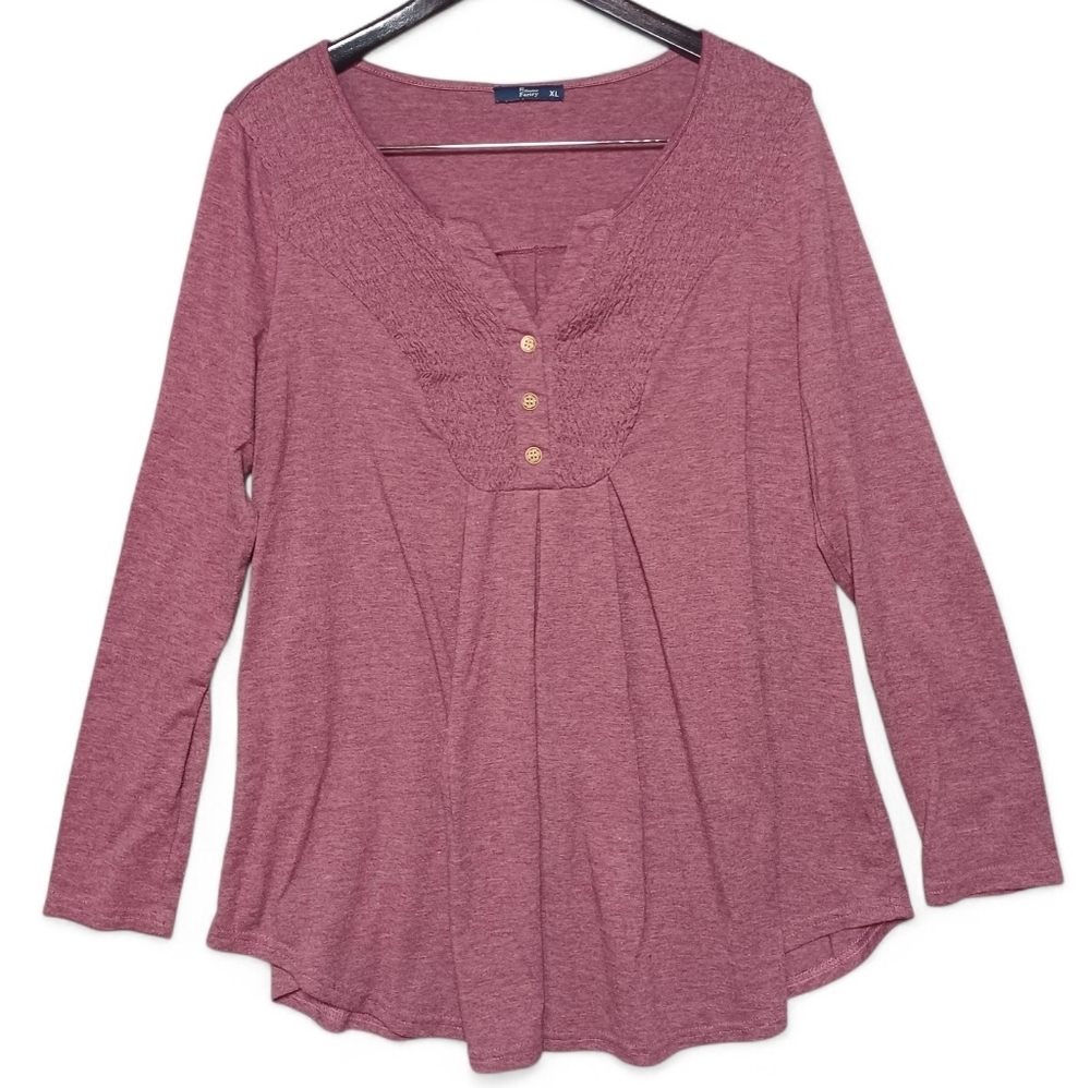 Simier Fariry Women's XL Burgundy Smocked Henley Boho Long Sleeve Cozy Tunic Top
